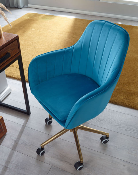 Rootz Desk Chair - Blue Velvet - Design Swivel Chair with Backrest - Height Adjustable - 120kg Work Chair - Shell Chair with Castors