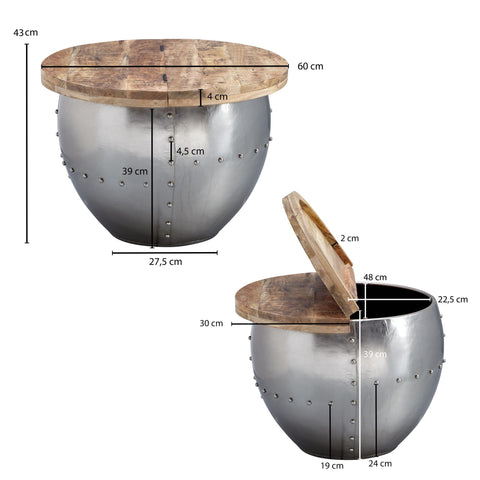 Rootz Couchtisch – Metall – Industrie-Rund – Design-Wohnzimmertisch mit Stauraum – Moderner silberner Lounge-Tisch – Mango-Massivholz – 60 x 43 x 60 cm