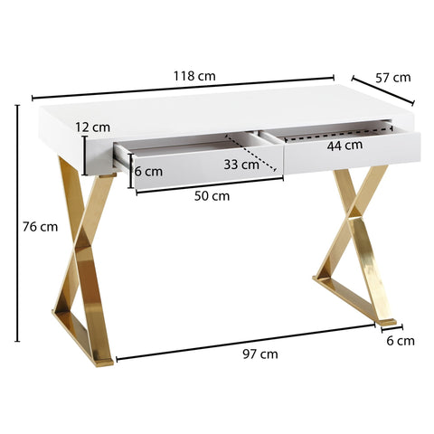 Rootz Schreibtisch – Goldene Metallbeine – Computertisch im modernen Design – Bürotisch mit Schubladen – Holz Hochglanzweiß – 118 x 76 x 57 cm 