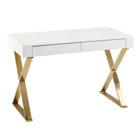 Rootz Schreibtisch – Goldene Metallbeine – Computertisch im modernen Design – Bürotisch mit Schubladen – Holz Hochglanzweiß – 118 x 76 x 57 cm 