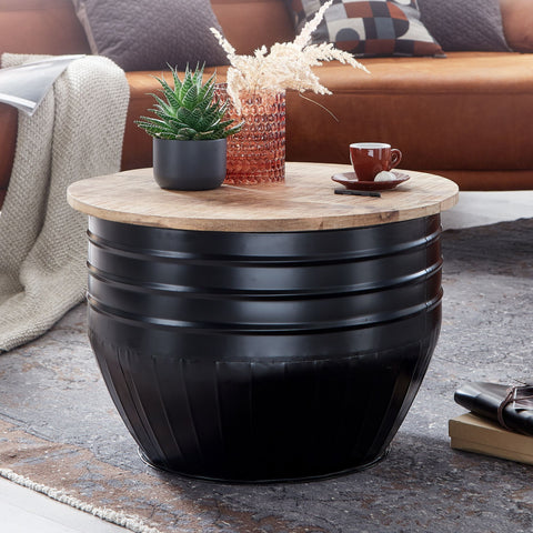 Rootz Couchtisch - Stauraum - Couchtisch - Beistelltisch - Rund - Schwarz - Braun - Mangoholz - Metall - 60 x 60 x 41 cm