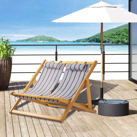 Rootz Lounge Chair – 2-Personen-Sonnenliege – klappbarer Lounge-Sessel – bis zu 200 kg – Pappel – Oxford – Teak/Grau/Weiß – 108 x 105 x 85 cm