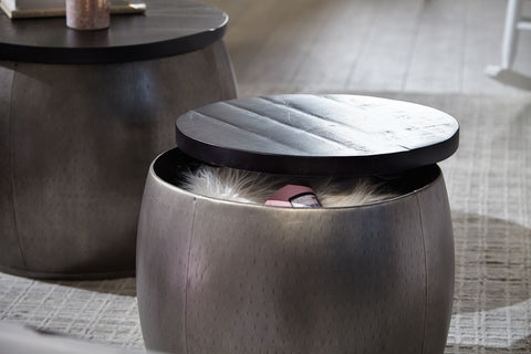 Rootz Satztische – Couchtisch im silbernen Design – abnehmbare Aluminiumabdeckung – moderner Beistelltisch aus Metall mit Holzsockel – 2-teiliger Aufbewahrungstisch – rundes Mangoholz 