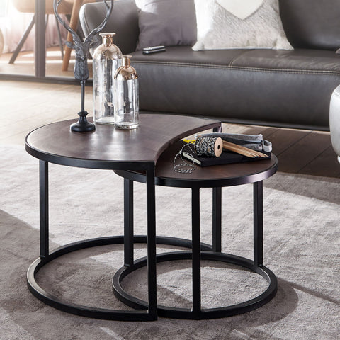 Rootz Coffee Tables - Set Of 2 - Coffee Tables - Round Tables - Brown - Black - Solid Mango Wood - Metal