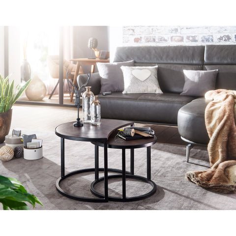 Rootz Coffee Tables - Set Of 2 - Coffee Tables - Round Tables - Brown - Black - Solid Mango Wood - Metal