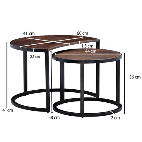 Rootz Coffee Tables - Set Of 2 - Coffee Tables - Round Tables - Brown - Black - Solid Mango Wood - Metal