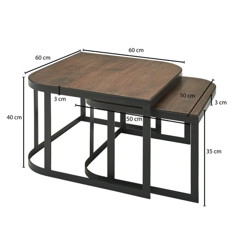 Rootz Couchtische – dunkle industrielle Wohnzimmertische – zusammensetzbare Beistelltische mit schwarzen Metallbeinen – 2-teilige zusammensetzbare Tischsets aus Holz – Set aus 2 Mango-Massivholz und Metall 
