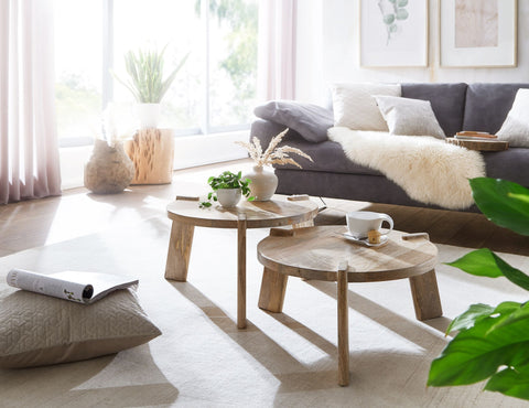 Rootz Wohnzimmertische – Runder Beistelltisch – 2-teiliges Tischset-Couchtisch-Set – Helles Mango-Massivholz 