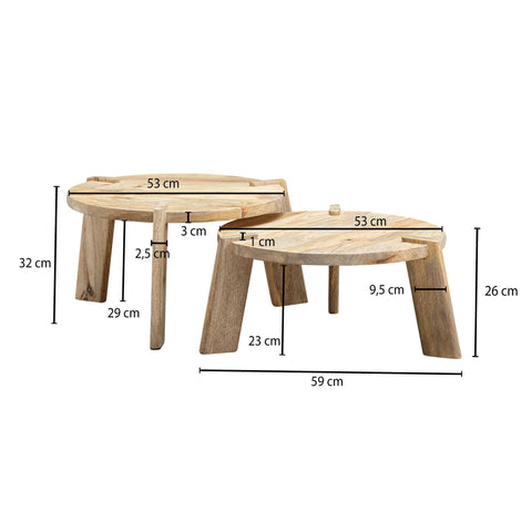 Rootz Wohnzimmertische – Runder Beistelltisch – 2-teiliges Tischset-Couchtisch-Set – Helles Mango-Massivholz 