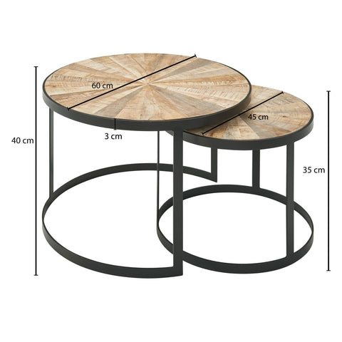 Rootz Nesting Tables - Rond Design - Set van 2 Bruine Salontafel met Metalen Poten - 2-delige Placemat Nesting Table in Hout en Zwart Metaal - Mango Massief Hout 