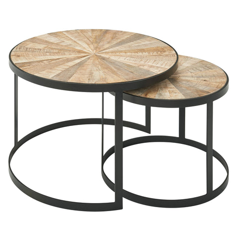 Rootz Nesting Tables - Rond Design - Set van 2 Bruine Salontafel met Metalen Poten - 2-delige Placemat Nesting Table in Hout en Zwart Metaal - Mango Massief Hout 
