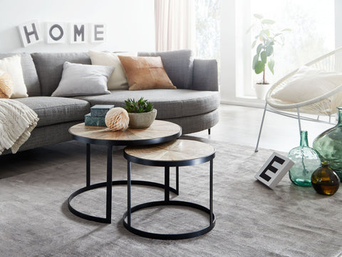 Rootz Nesting Tables - Round Design - Set of 2 Brown Coffee Table with Metal Legs - 2-Piece Placemat Nesting Table in Wood and Black Metal - Mango Solid Wood