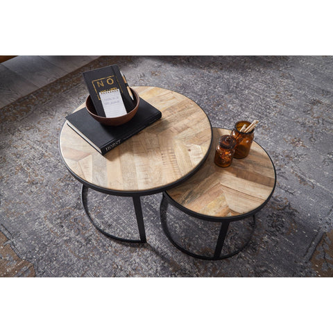 Rootz Couchtische - 2er-Set - Couchtische - Runde Tische - Braun - Schwarz - Massives Mangoholz - Akazienholz - MDF