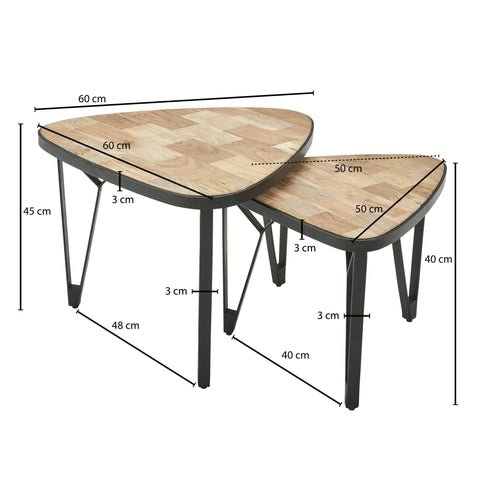 Rootz Satztische – Dreieckiges Design – 2er-Set brauner Couchtisch mit Metallbeinen – 2-teiliger Tischset-Satztisch aus Holz und schwarzem Metall – Mango-Akazien-Massivholz 