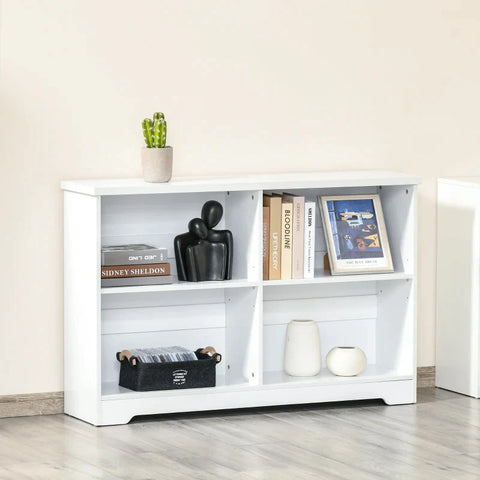 Rootz Bookshelf - Simple Modern 4-Compartment Low Bookcase - 2-Tier with Moving Shelves - Display Storage Unit - Home - Office - Living Room Furniture - White - 118.2cm x 29.5cm x 76.5cm