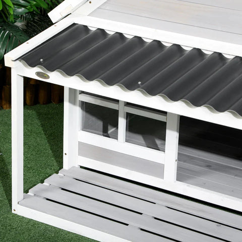 Rootz Hondenkennel met veranda - Hondenhuis - Weerbestendig - Behandeld dennenhout - 3 ramen - Dennenhout - Lichtgrijs + Wit - 126 cm x 118 cm x 105 cm