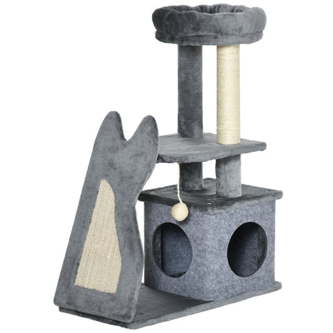 Rootz Scratching Post - One House - Two Platforms - Toy Ball - Sisal - Grey+cream White - 60 x 30 x 83cm