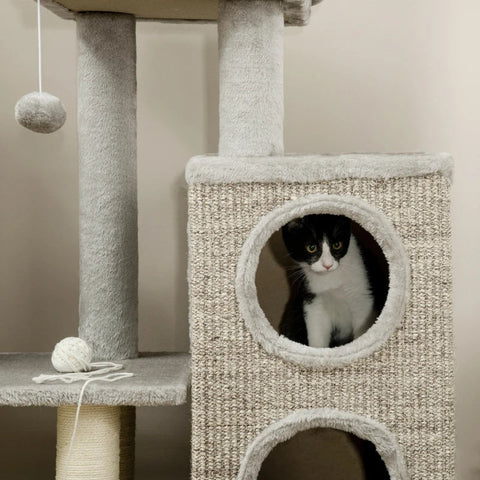 Rootz Scratching Post - Cat Tree - Cat Cave - Cat Bed - With Ball Toy - Light Gray/Natural - 60cm x 40cm x 91cm
