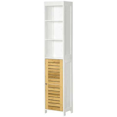Rootz Bathroom Cabinet - Bathroom Shelf - Bathroom Storage Cabinet - 3 Open Compartments - Closet Compartment - With Bamboo Doors - MDF/Bamboo - White - 35 x 27 x 171cm