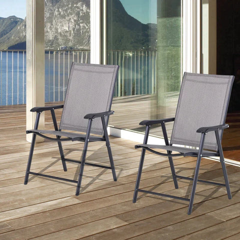 Rootz Folding Chair With Armrests - Set of 2 Foldable Outdoor Garden Chairs - Steel Frame - Garden - Balcony - Beach - Grey - 58 x 64 x 94 cm