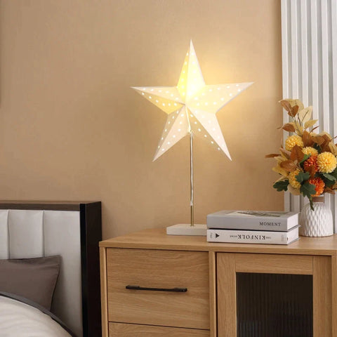 Rootz Table Lamp - Christmas Decoration - Poinsettia LED Lighting - Coated Paper - Rubberwood - Metal - White + Gold - 46cm x 15cm x 71H cm