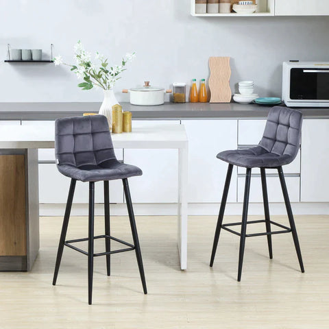 Rootz Set Van 2 Barkrukken Met Voetsteun - Retro Design - Fluweelachtige Polyester Stof - Grijs - 42 cm x 47 cm x 105 cm