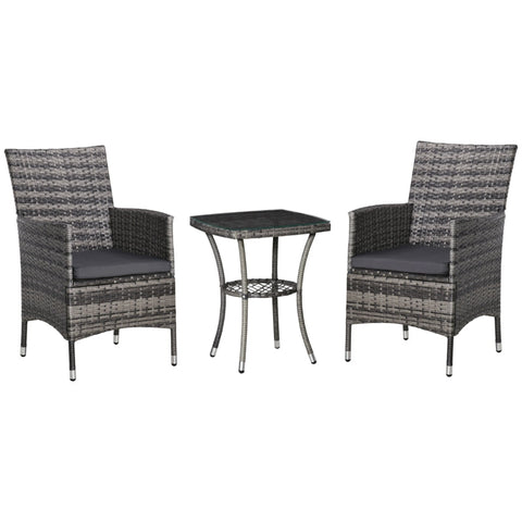 Rootz Rattan-Gartenmöbel-Set mit Beistelltisch – Bistro-Set – Balkonmöbel-Set – Rattan-Garten-Set – Sitzgarnitur mit Sitzkissen – Poly Rattan + Stahl – Dunkelgrau – 60 x 58,5 x 89,5 cm