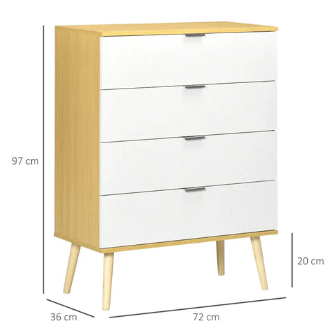 Rootz Chest Of Drawers - Dresser With Drawers - 4-drawer - Storage Organiser Unit - With Pine Wood Legs - White/Natural - 72 cm x 36 cm x 97 cm