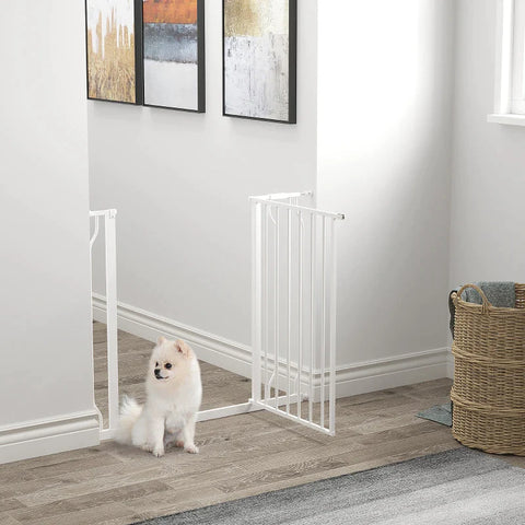 Rootz Dog Gate - Barrier - Two Way Opening - Wall Mount - Snaps - Easy Installation - Adjustable - Robust Steel Frame - White - 73L x 76H cm