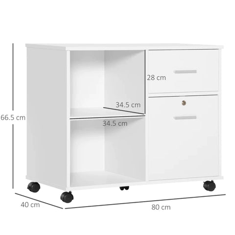 Rootz Office Cabinet - Printer Cabinet - Filing Cabinet With Wheels - Lockable Drawer - A4 Size Documents - White - 80 x 40 x 66.5cm