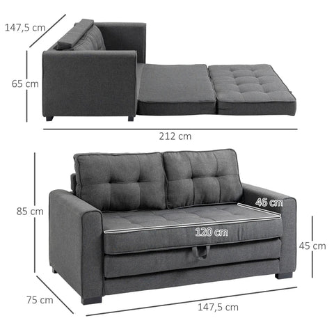 Rootz Sofa Bed - Folding Sofa - 2-Seater Fabric Sofa Bed - Sofa - Sofa - With Sleeping Function - Sofa Set - Grey - 147.5 x 75 x 85 cm
