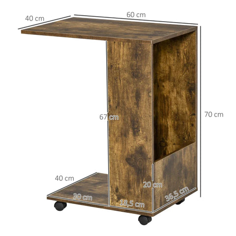 Rootz Side Table - Mobile Table - C-Shape Side Table - Coffee Table - Laptop Table - Snack Table - With Storage And Casters - Chipboard - Rustic Brown - 60 x 40 x 70 cm
