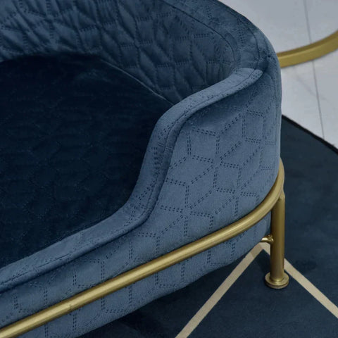 Rootz Dog Sofa - Dog Sofa with Backrest - Pet Sofa with Metal Legs - Dog Bed - Soft Cover - Cat Sofa - Metal - Blue + Gold - 63.5 x 43 x 24.5 cm