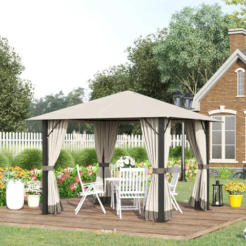 Rootz Gazebo - Garden Pavilion - Garden Tent - Roof With Ventilation Holes - Marquee Party Tent With 4 X Side Panels - Weatherproof - Aluminum - Polyester - Khaki - 297L x 297W x 260H cm