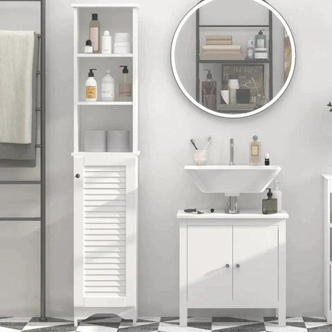 Rootz Bathroom Cabinet - Freestanding 6-tier Tall Bathroom Storage -  Louvered Doors - White - 34 cm x 20 cm x 165 cm