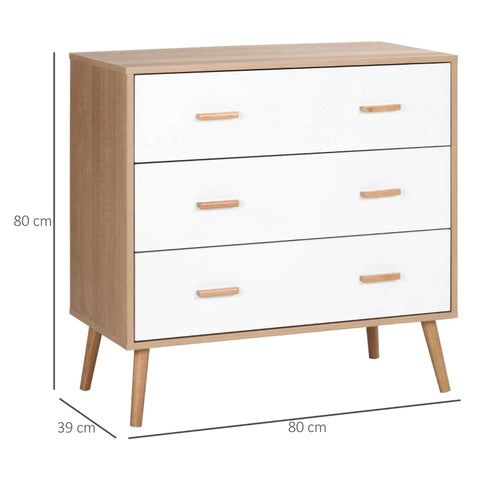 Rootz Chest Of Drawers - Storage Organizer Cabinet - With 3 Drawers - Chipboard - White + Nature - 80 cm x 39 cm x 80 cm