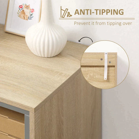 Rootz Sideboard - Sideboard Storage Cabinet - Sideboard In Scandi Design - 2 Drawers - 2 Shelves - 3 Cabinets - White + Natural + Grey - 80 cm x 40 cm x 95.6 cm