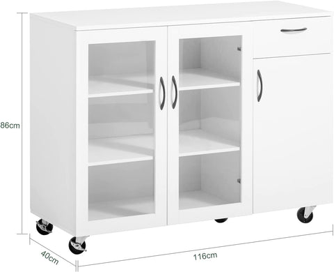 Rootz Keuken Eetkamer Woonkamer Dressoir Opbergkast Kast op Wielen - Opbergkast met Glazen Deurtjes