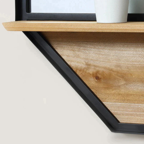 Rootz Wall Mirror - Wall Mirror With Shelf - Industrial Design - Fir Wood - Metal - Black + Nature - 61L x 8.4W x 61H cm