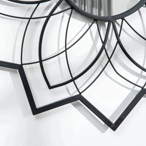 Rootz Round Mirror with Floral Patterns - Wall Mirror - Mirror Glass - Metal - MDF - Black - 79 cm x 79 cm x 0.4 cm