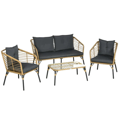 Rootz Gartenmöbel-Set – 4-teiliges Rattan-Gartenmöbel – Boho-Stil – wetterbeständig – abnehmbare Bezüge – Natur + Dunkelgrau – 131 cm x 63 cm x 76 cm