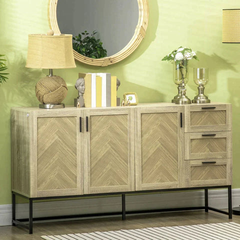 Rootz Sideboard In Industrial Design - 3 Cupboards - 3 Drawers -  Wood Material - Black + Nature - 156 cm x 43.5 cm x 85 cm