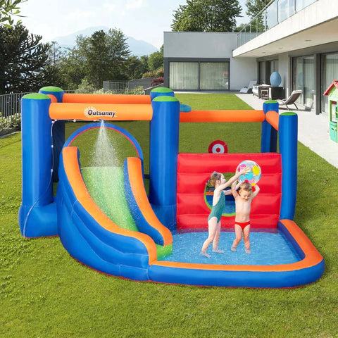 Rootz Hüpfburg mit Rutsche – Hüpffläche – Pool – aufblasbar – inkl. Elektrische Pumpe – Für bis zu 3 Kinder – Mehrfarbig – 380 x 340 x 170 cm