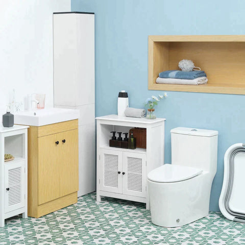 Rootz Bathroom Cabinet - Bathroom Cabinet In Rattan Look - 1 Shelf 1 Cabinet - MDF Wood - White - 60L x 30W x 80H cm