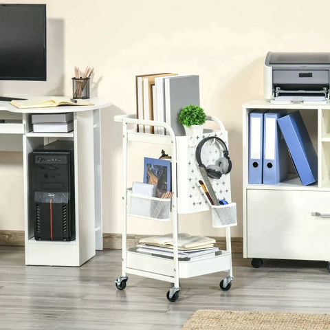 Rootz Kitchen Trolley - Trolley - With 3 Shelves And Side Panel - Steel/PP - White - 51.5 x 32 x 75.6 cm