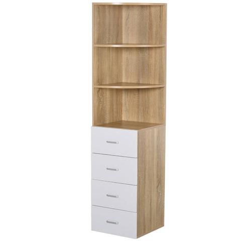 Rootz Bookcase - 3 Levels - 4 Drawers - Processed Wood - Melamine - 40 x 40 x 170 cm - Natural - White