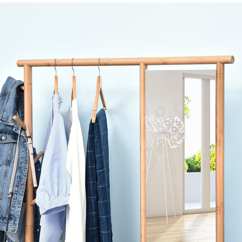 Rootz Wardrobe Rack - Coat Rack - Make-Up Mirror - Storage Cabinet - Shoe Cabinet - 4 Hooks - Bamboo - Nature