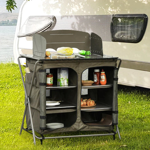 Rootz Camping Cupboard - Foldable Camping Kitchen Storage - Carrying Bag - 6 Shelves for BBQ Party - Steel - Oxford Fabric - Green - 57 x 94 x 109 cm