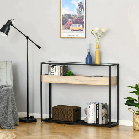 Rootz Console Table - Free-standing Shelve - Industrial Design With Glass Surface - 2 Shelves - Steel - Glass - Black - 108 cm x 28 cm x 85 cm