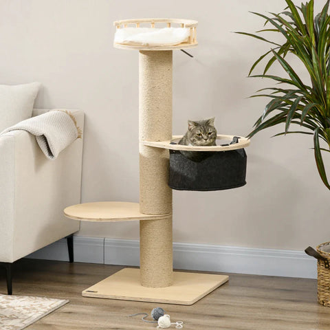 Rootz Scratching Post - With Lying Platform - Seat Platform - Hammock - Lounger Cushion - Natural Wood - 50 x 50 x 114 cm